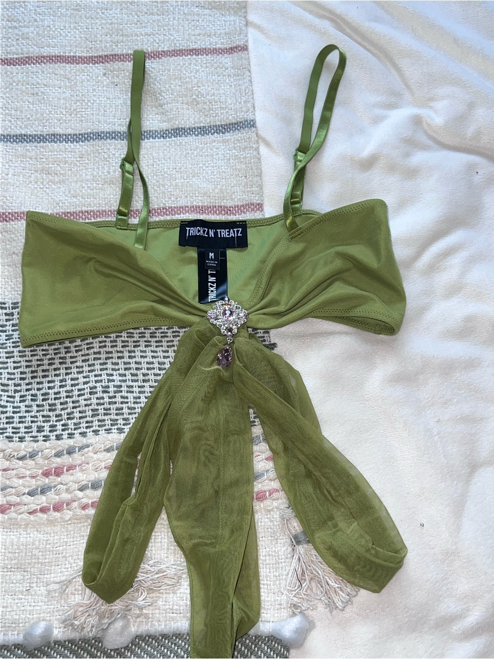 Dolls Kill Olive Green Tie-Front Camisole with Brooch
